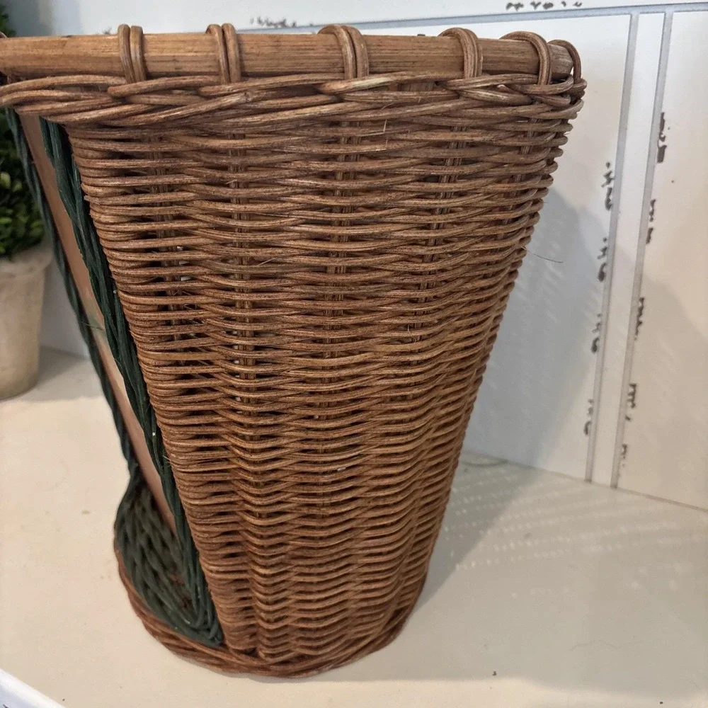 VTG Creel Wicker Waste Basket Hand Painted Trout Fish Wood Panel Cabin Lake 13